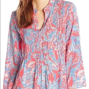 Lilly Pulitzer Women’s Sarasota Tunic Pink Sun Ray V-Neck 3/4 Sleeve Top Small